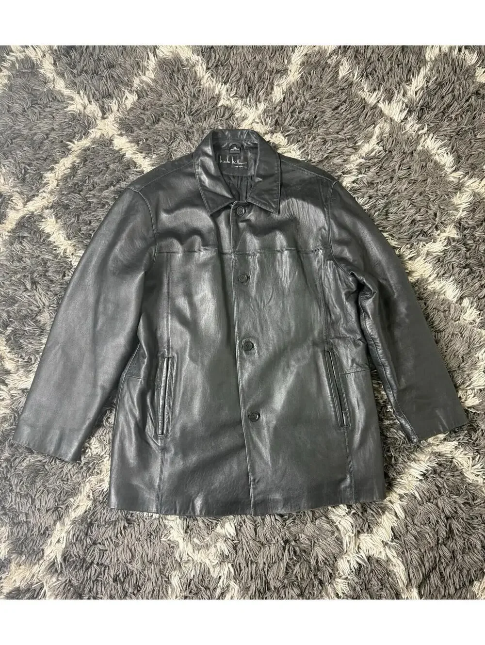 VTG Nicole Miller New York Black 100% Genuine Leather Jacket Quilted Pockets XL